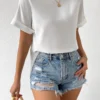 Sleeve Key Hole Back Blouse, Short Sleeve Tops