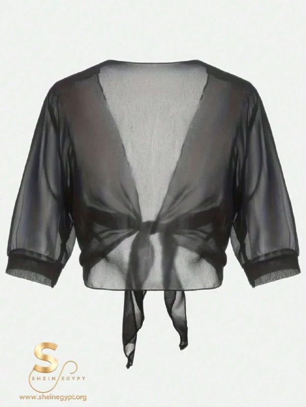 170532195573165363f623eb236174d35475ebbc1c Chiffon Tie-Front Solid Color Shirt