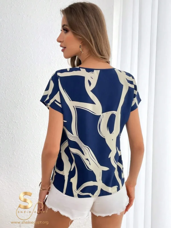 SHEIN Essnce Women's Full Print Hollow Out Collar Batwing Sleeve Blouse