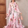 171181459718258c1d14f3142e7d142a12a612d890 Women's Elegant Floral Print High Waist Bell-Sleeve Dress