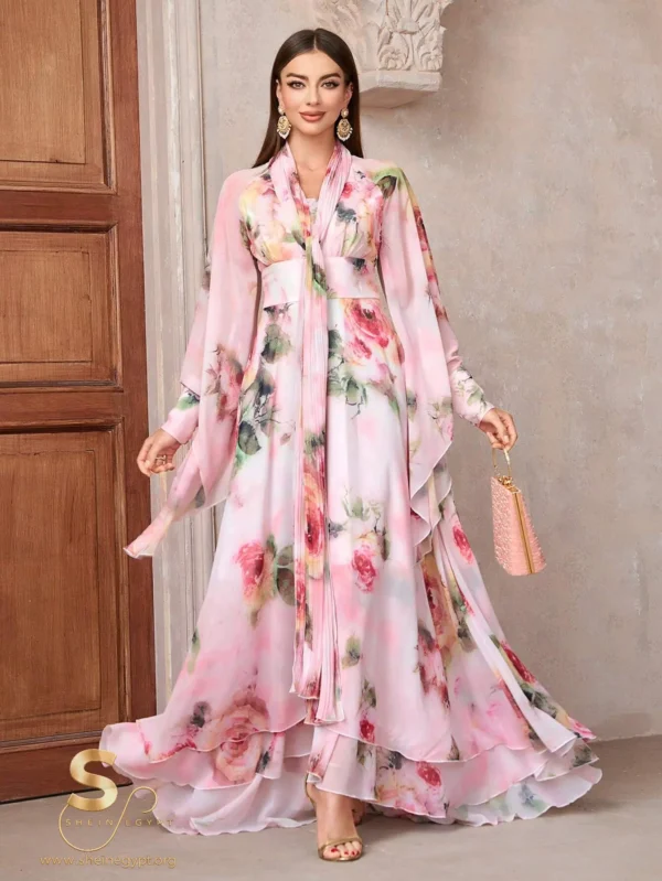 171181459718258c1d14f3142e7d142a12a612d890 Women's Elegant Floral Print High Waist Bell-Sleeve Dress