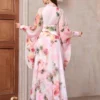 1711814599fcc599702d217a3f6729b4e1bd0ae461 Women's Elegant Floral Print High Waist Bell-Sleeve Dress