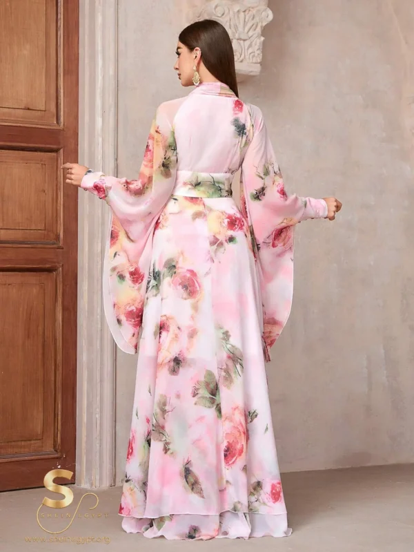 1711814599fcc599702d217a3f6729b4e1bd0ae461 Women's Elegant Floral Print High Waist Bell-Sleeve Dress