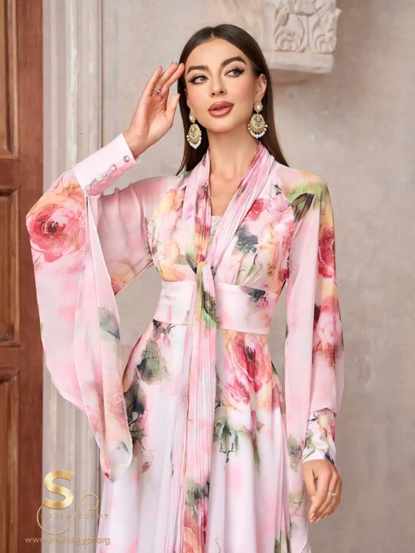 171181460227e3827e0bd49d924cdbad193b5cefc6 Women's Elegant Floral Print High Waist Bell-Sleeve Dress