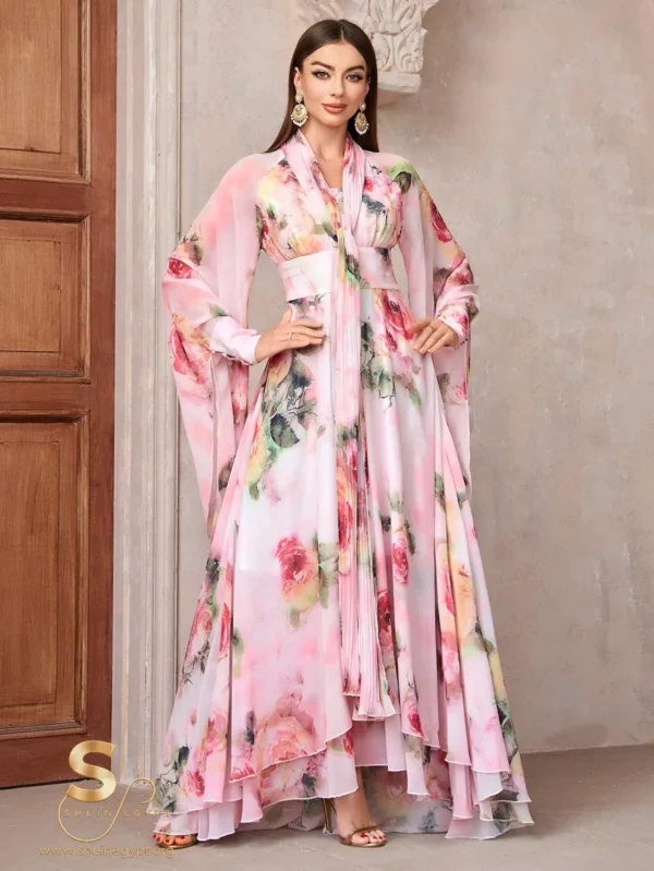 1711814604ac09631bb0ff0205ca4a4d3061940cf9 Women's Elegant Floral Print High Waist Bell-Sleeve Dress
