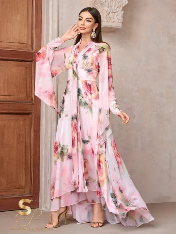 1711814610117bdc41328c44fdf897651190098137 Women's Elegant Floral Print High Waist Bell-Sleeve Dress