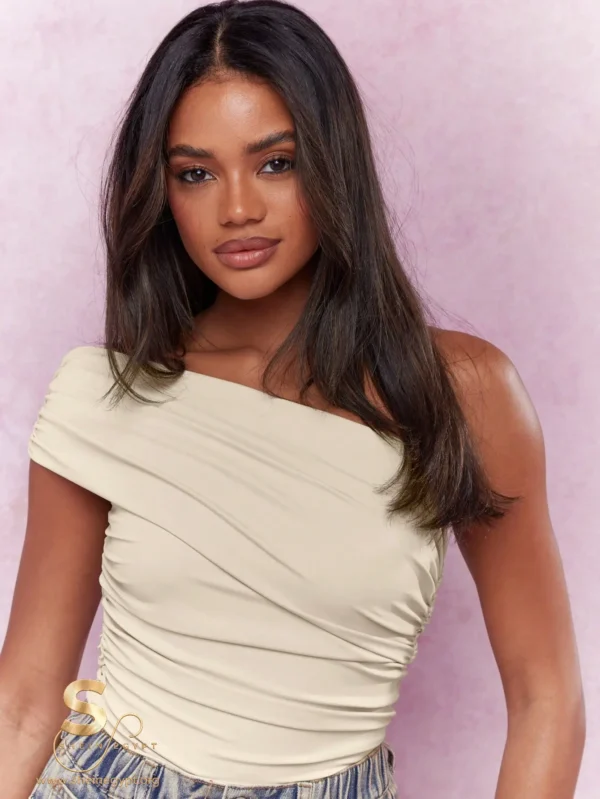 1736842487e9c97dba5cc6be4611bf711b2e476fc6 Asymmetric Off-Shoulder Ruched Bodysuit