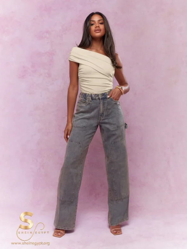17368424907e10e56e81828aba68a350517f406ceb Asymmetric Off-Shoulder Ruched Bodysuit