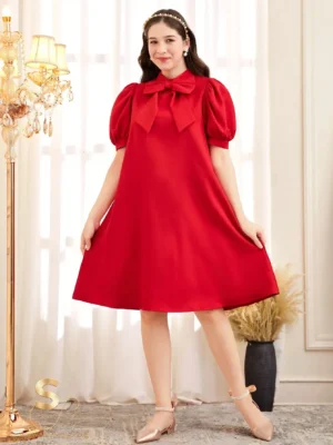 174036519611d5b8fbc78f649d0e2566b3bce0ec73 Bowknot Puff Sleeve Dress