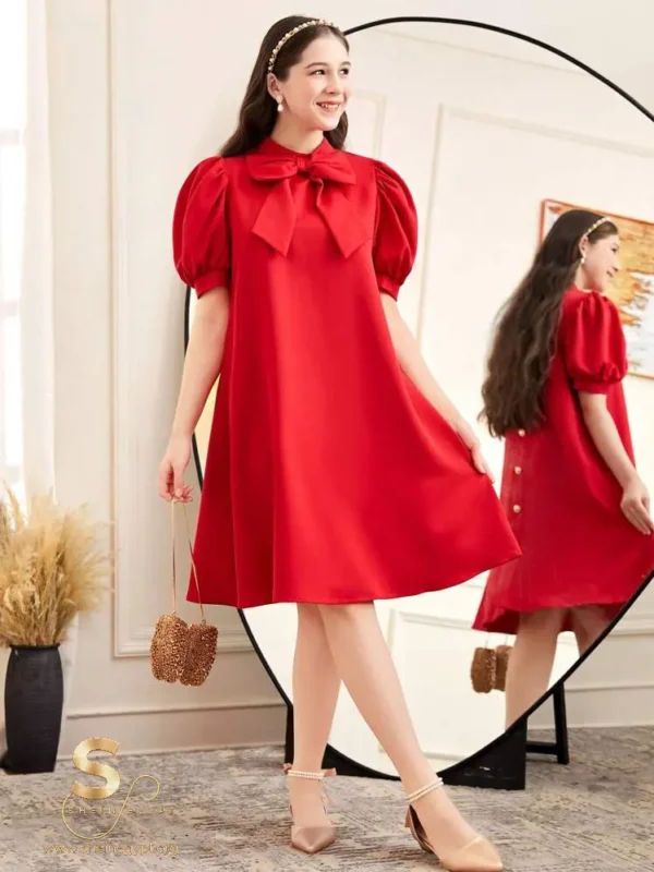 Bowknot Puff Sleeve Dress