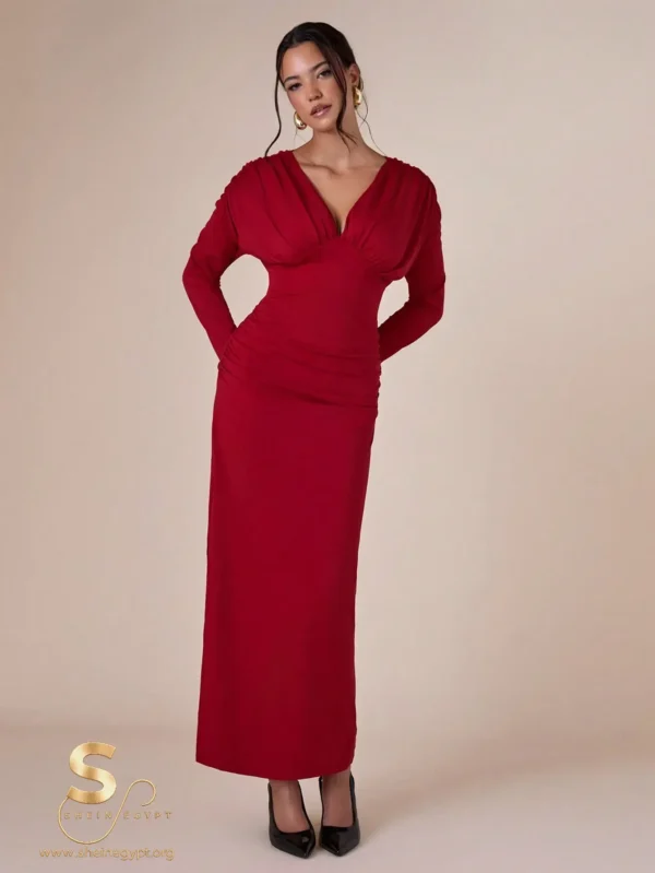 175911481769314b4b46c72287e1ef0689326cccd9 COSMINA Long Sleeve Dress with Deep V-Neck and Fitted Waist