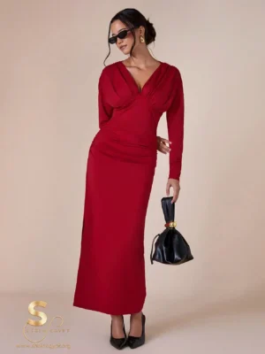 COSMINA  Long Sleeve Dress with Deep V-Neck and Fitted Waist