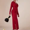 1759114822ae538ff22f11508f218ad4568743446f COSMINA Long Sleeve Dress with Deep V-Neck and Fitted Waist