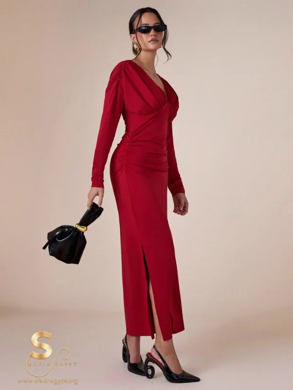 1759114822ae538ff22f11508f218ad4568743446f COSMINA Long Sleeve Dress with Deep V-Neck and Fitted Waist
