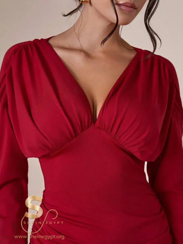 17591148258e8b7c635cf80f72f260d75f73972ff6 (1) COSMINA Long Sleeve Dress with Deep V-Neck and Fitted Waist