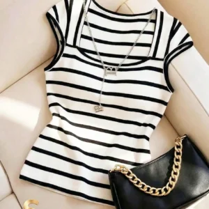 Franclia French Minimalist Fitted Striped Knit Tee
