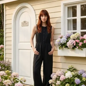 black sleeveless button-front jumpsuit