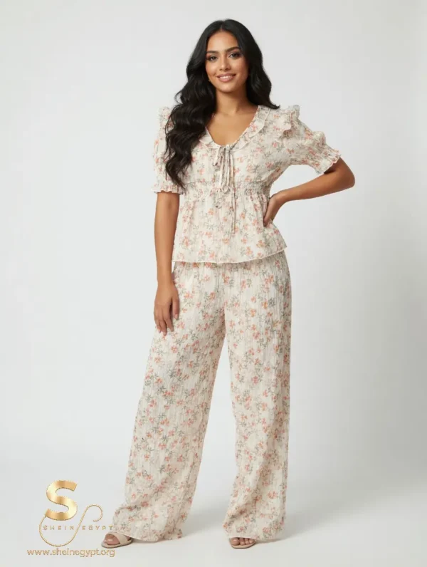 Shein Egypt women's floral print textured knit pajama set