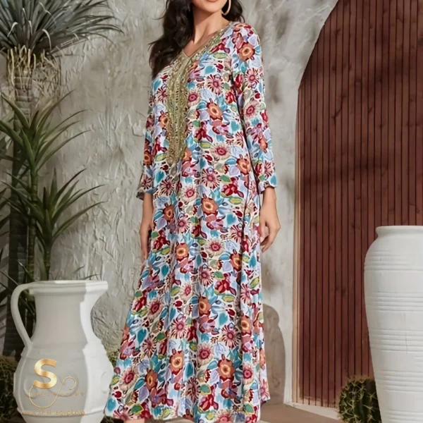 Floral print lace V-neck kaftan dress