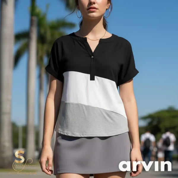 SHEIN colorblock henley button-front shirt in black, white, and grey
