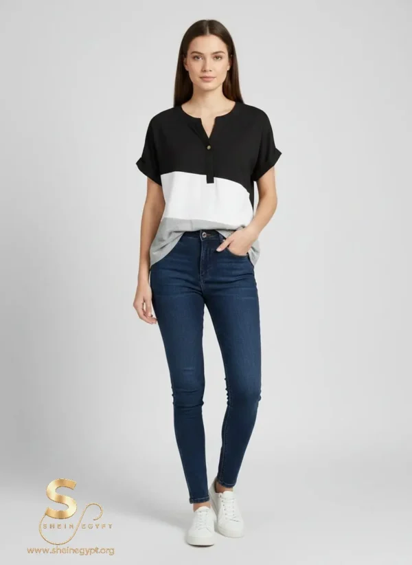 SHEIN colorblock henley button-front shirt in black, white, and grey