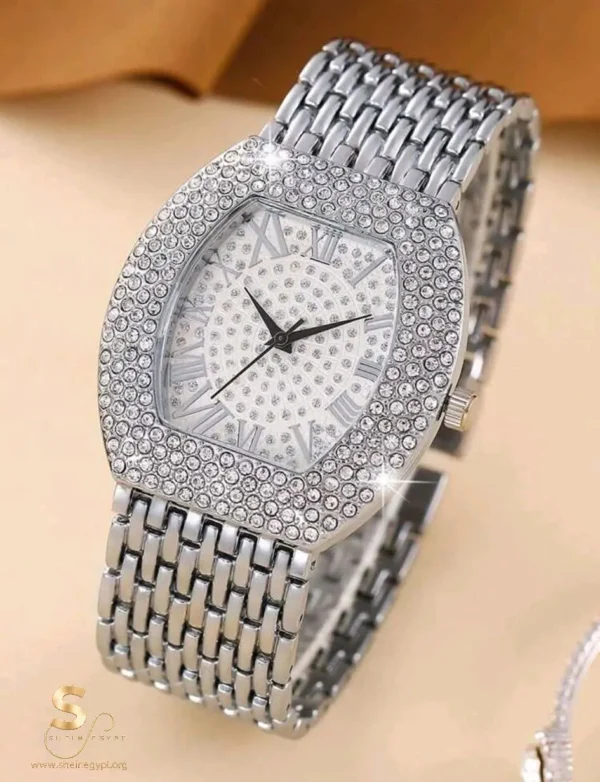 silver rhinestone-studded quartz watch