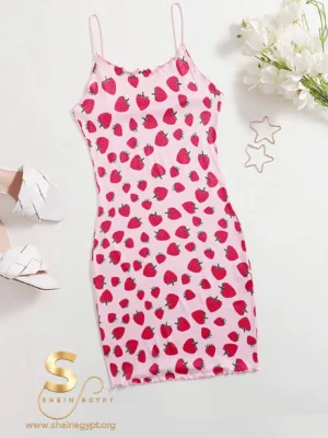 SHEIN EZwear Strawberry Print Lettuce Trim Cami Dress