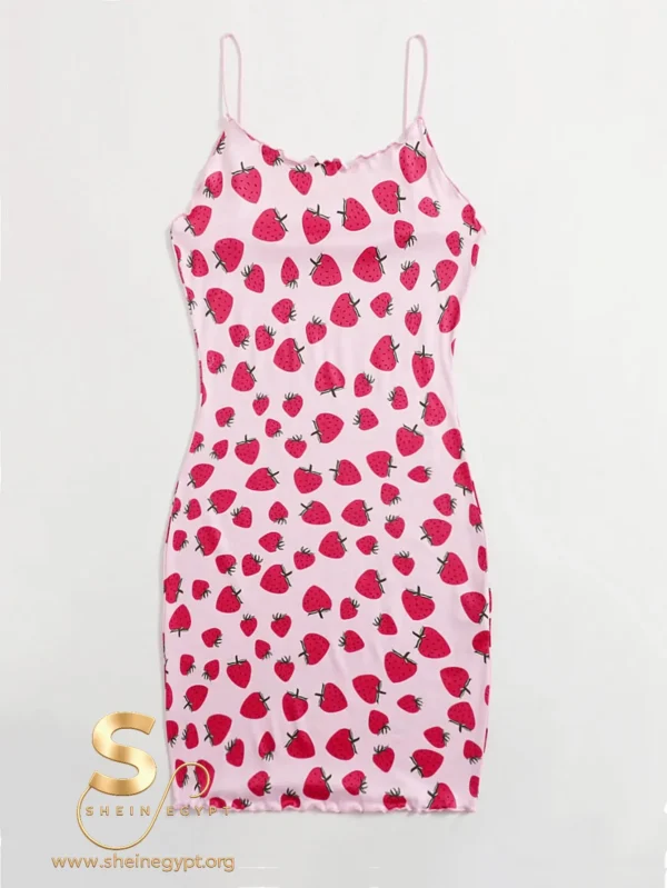 SHEIN EZwear Strawberry Print Lettuce Trim Cami Dress