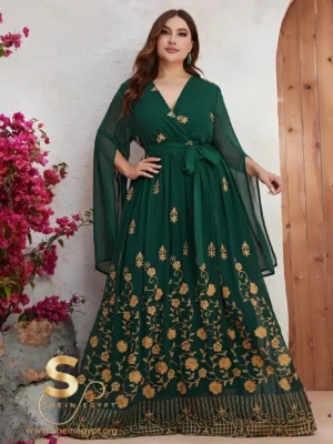 1679456449feef21725f1fe799c398e087c9207cce YISIKADO Plus Size Gold Floral Embroidery Split Sleeve Belted Dress