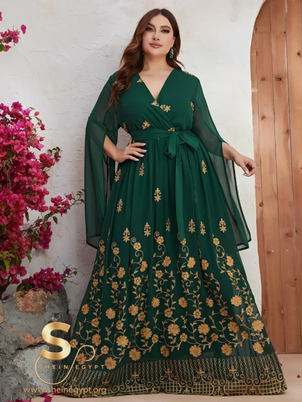 YISIKADO Plus Size Gold Floral Embroidery Split Sleeve Belted Dress