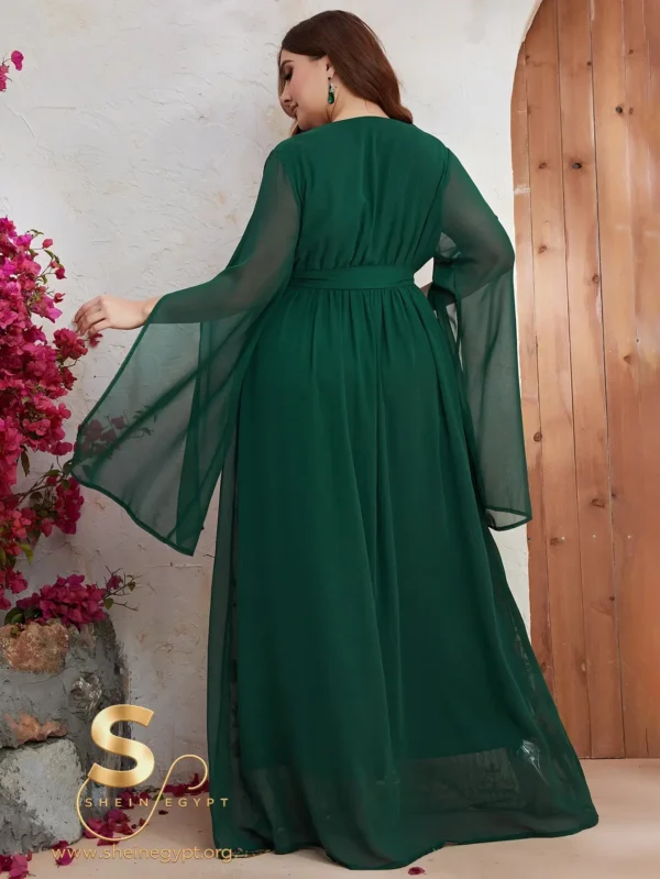 YISIKADO Plus Size Gold Floral Embroidery Split Sleeve Belted Dress