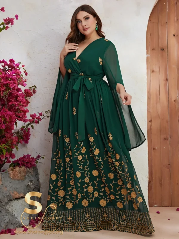 YISIKADO Plus Size Gold Floral Embroidery Split Sleeve Belted Dress