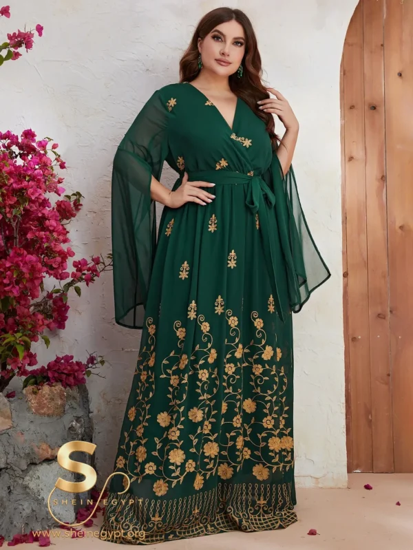 YISIKADO Plus Size Gold Floral Embroidery Split Sleeve Belted Dress