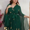 YISIKADO Plus Size Gold Floral Embroidery Split Sleeve Belted Dress