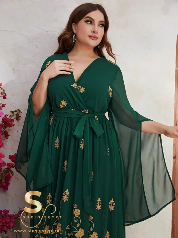 YISIKADO Plus Size Gold Floral Embroidery Split Sleeve Belted Dress