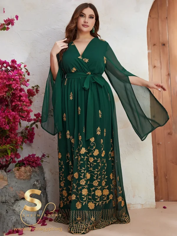 YISIKADO Plus Size Gold Floral Embroidery Split Sleeve Belted Dress