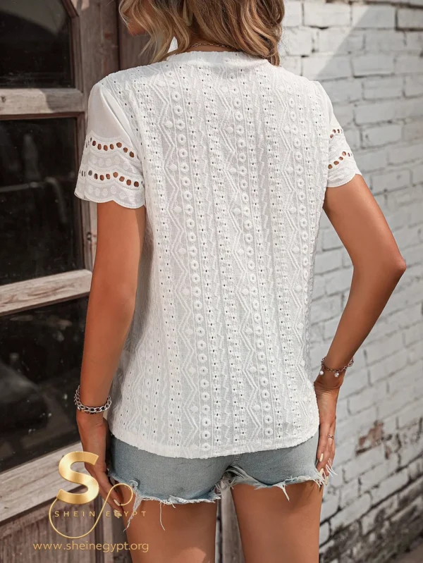 SHEIN LUNE Eyelet Embroidery Scallop Trim Tee