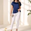 1689563655110729b95210c1a03dcb8a1761dbe659 Miaspire Women's Casual Solid Color Minimalist Round Neck Short Sleeve Shirt