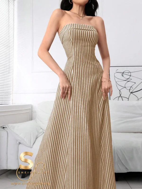172235375685e33396357ae7d4418b6731eef04e67 Modelyn Women Elegant Strapless Zipper Back Striped Long Dress, Casual Daily Wear
