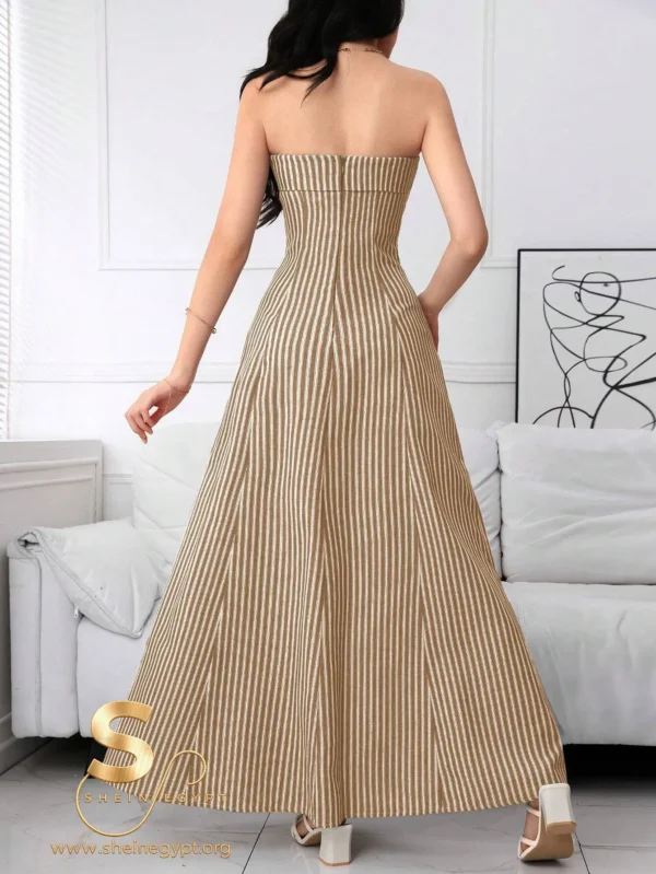 17223537599b48c5d5367b46b9a0956d701d7d2a98 Modelyn Women Elegant Strapless Zipper Back Striped Long Dress, Casual Daily Wear