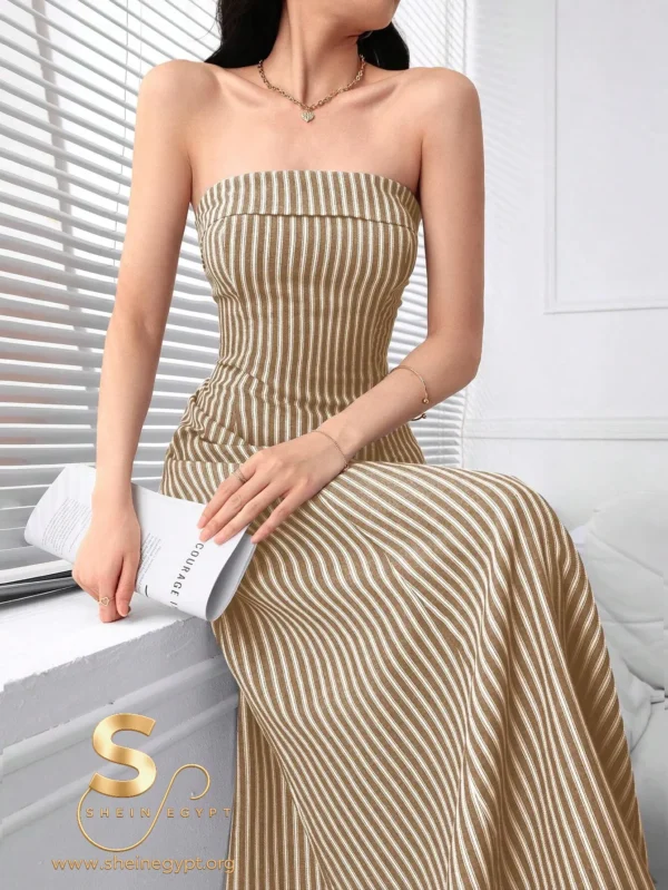 172235376293cc4c72ba53a5f9ebb7671a2f61822e Modelyn Women Elegant Strapless Zipper Back Striped Long Dress, Casual Daily Wear