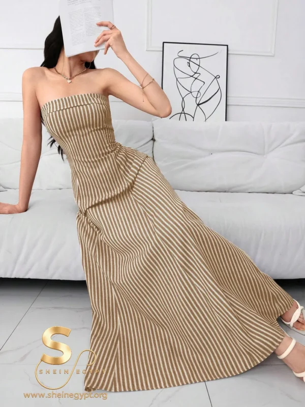 172235376653e4010e4c66aa45b6aaa0f56b238ead Modelyn Women Elegant Strapless Zipper Back Striped Long Dress, Casual Daily Wear