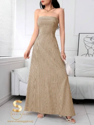 Modelyn Women Elegant Strapless Zipper Back Striped Long Dress, Casual Daily Wear