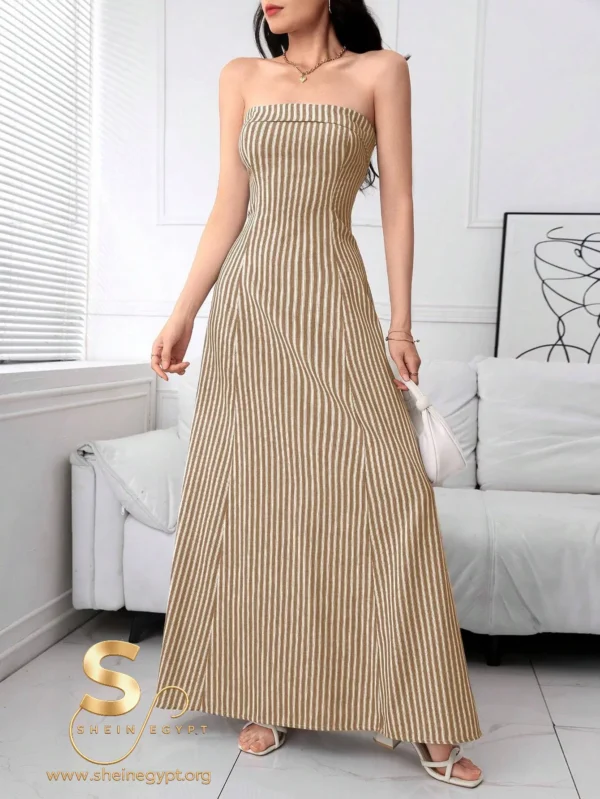 1722353770d8b748611cb55308ebb4b7ae9007bfdf Modelyn Women Elegant Strapless Zipper Back Striped Long Dress, Casual Daily Wear