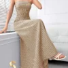 17223537733897967de694e45d32d1943a27b5d4eb Modelyn Women Elegant Strapless Zipper Back Striped Long Dress, Casual Daily Wear