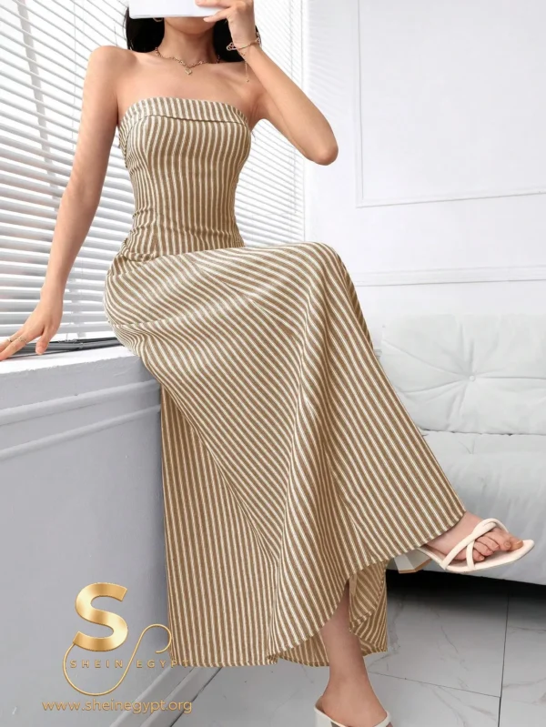 17223537733897967de694e45d32d1943a27b5d4eb Modelyn Women Elegant Strapless Zipper Back Striped Long Dress, Casual Daily Wear