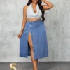 Slaydiva Plus Size Women Cowgirl Style Blue High Slit Sexy Denim Skirt