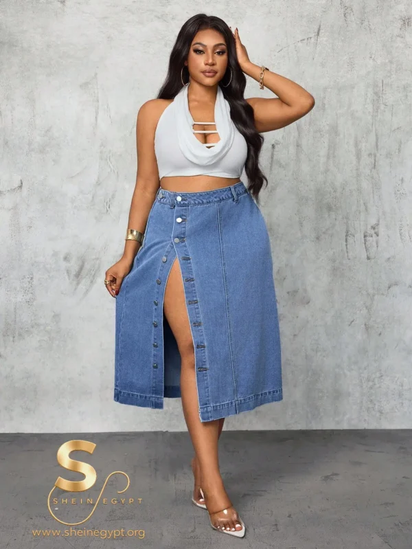 Slaydiva Plus Size Women Cowgirl Style Blue High Slit Sexy Denim Skirt