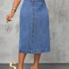 Slaydiva Plus Size Women Cowgirl Style Blue High Slit Sexy Denim Skirt