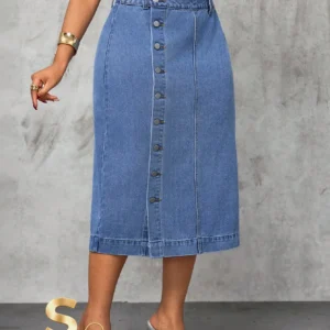 Slaydiva Plus Size Women Cowgirl Style Blue High Slit Sexy Denim Skirt